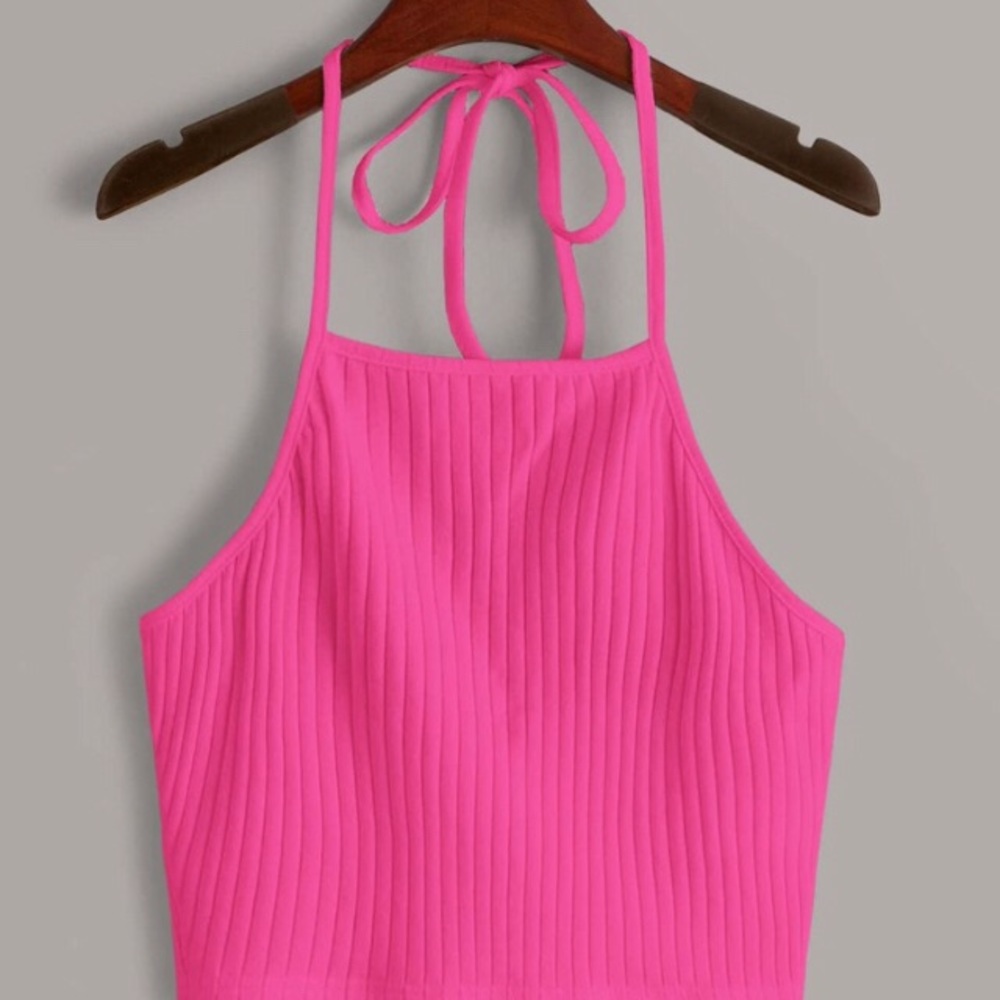 SHEIN- Ribbed Neon Pink Cropped Halter Top